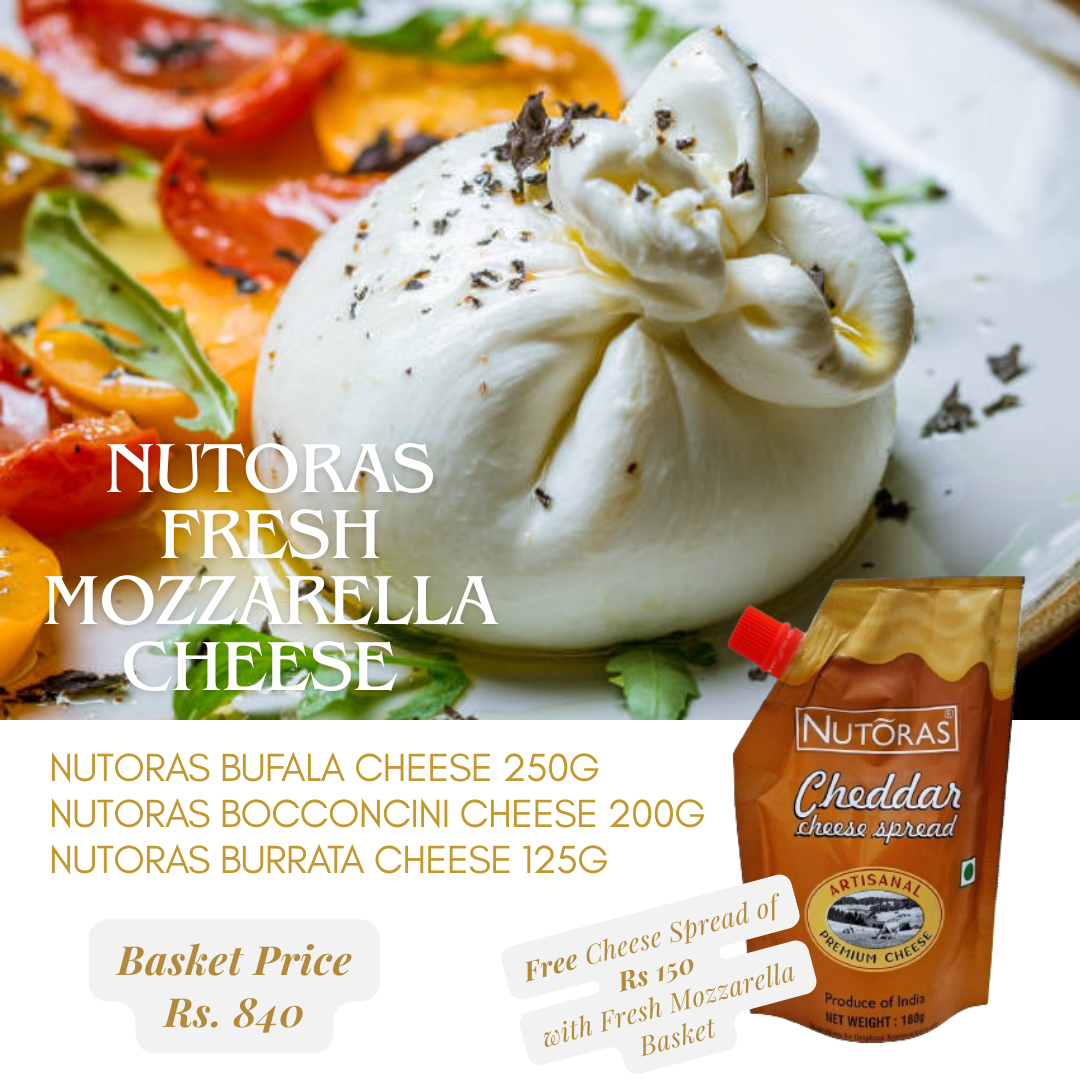 Nutoras Fresh Mozzarella Cheese Basket(1Bufala, 1Bocconcini, 1Burrata - Free Cheese Spread)
