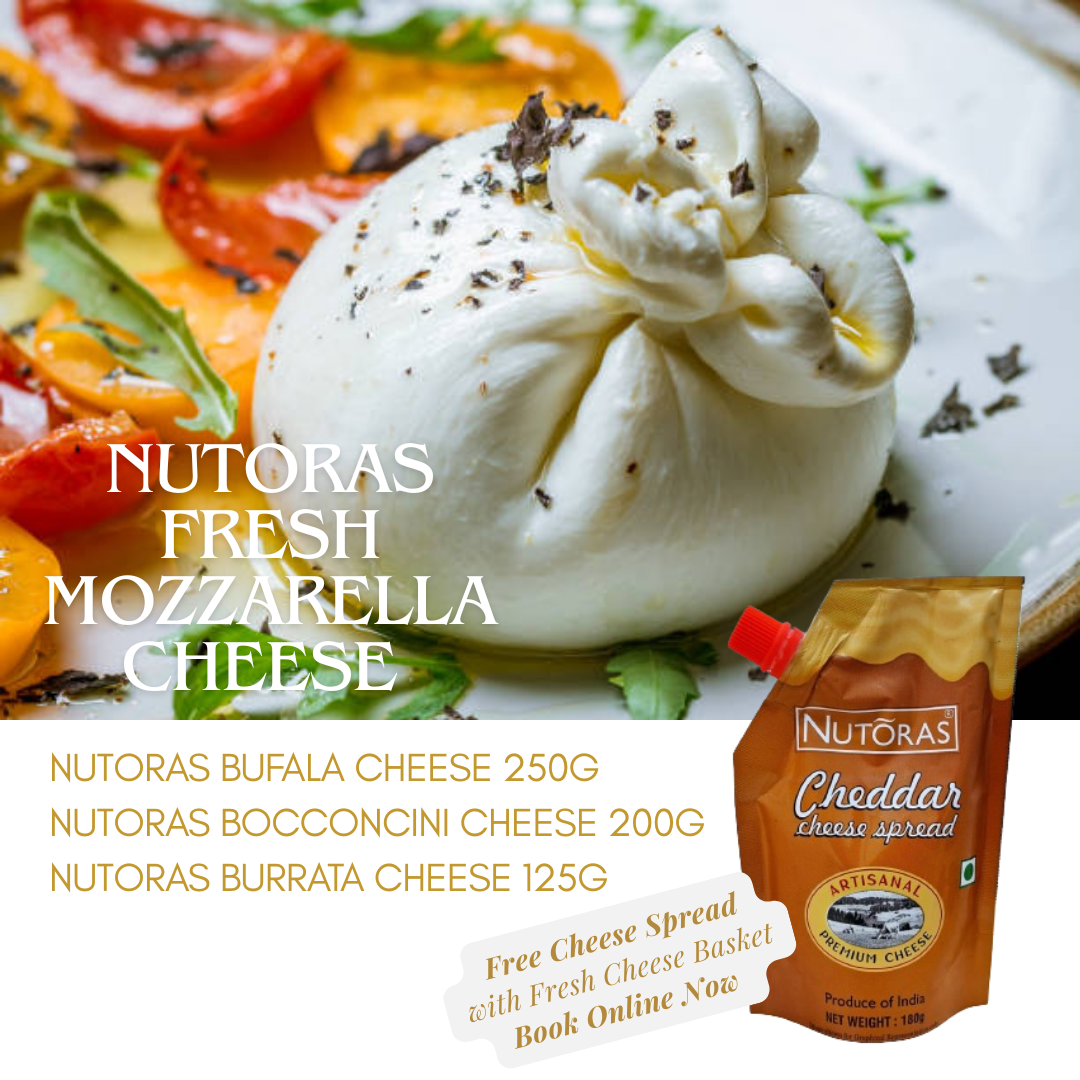 Nutoras Fresh Mozzarella Cheese Basket(1Bufala, 1Bocconcini, 1Burrata - Free Cheese Spread)