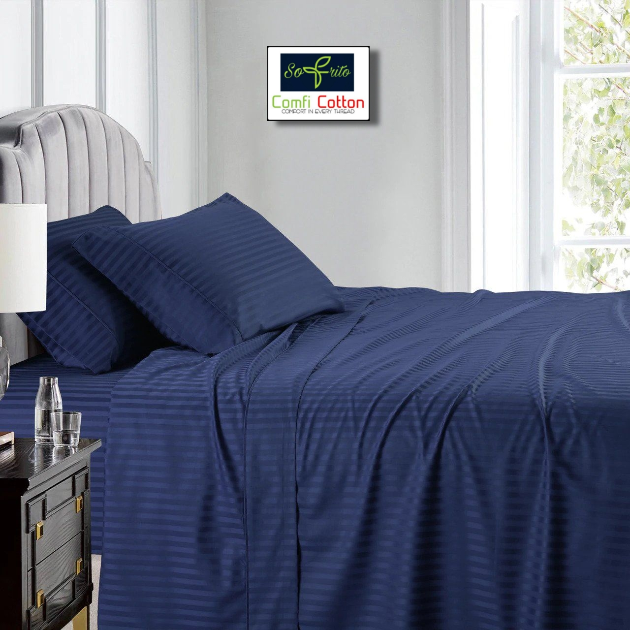 Sofrito Bedsheet Glace Cotton 300 TC - Striped - Navy Blue Sofrito Bedsheet Glace Cotton 300 TC - Striped - Navy Blue