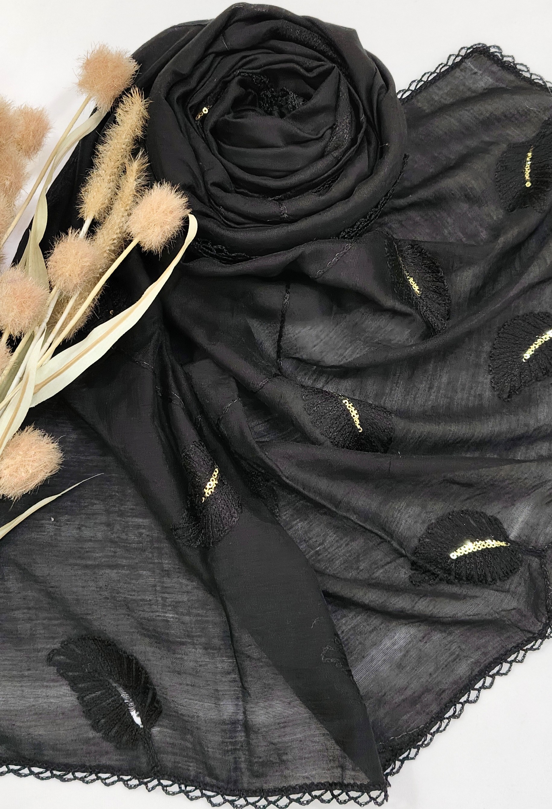 Cotton Gadhwal Crochet with Embroider Leaves Hijab