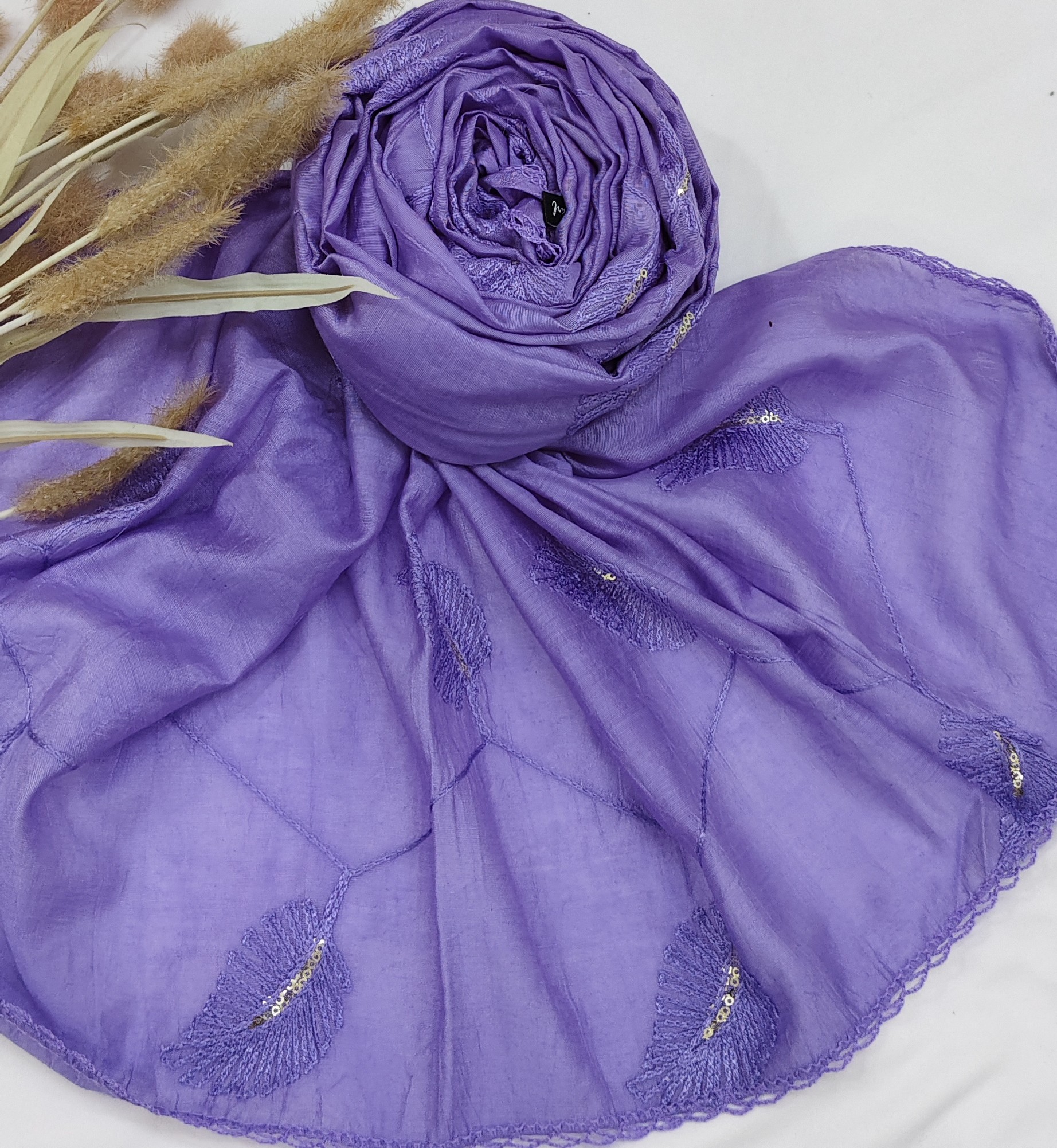 Cotton Gadhwal Crochet with Embroider Leaves Hijab