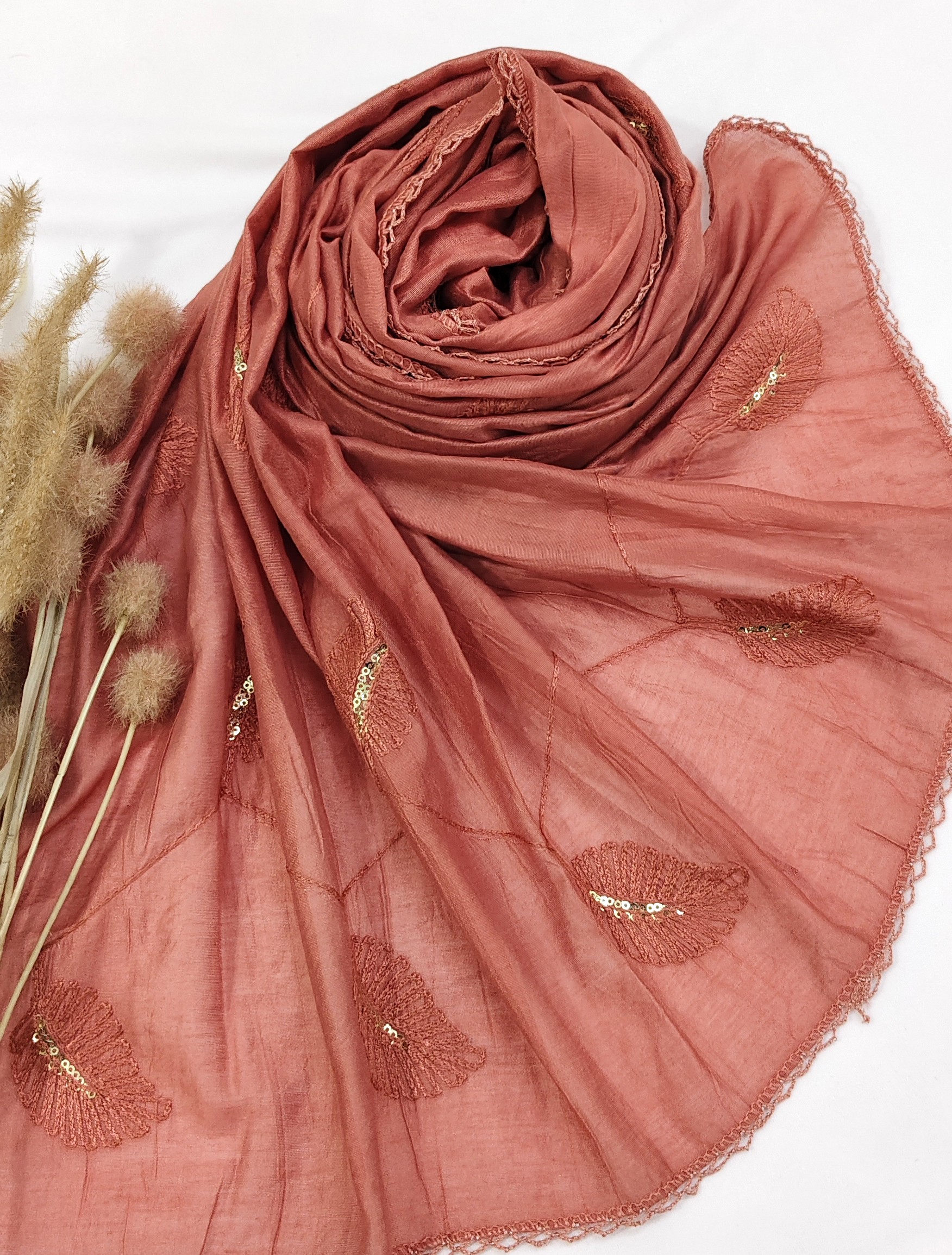 Cotton Gadhwal Crochet with Embroider Leaves Hijab