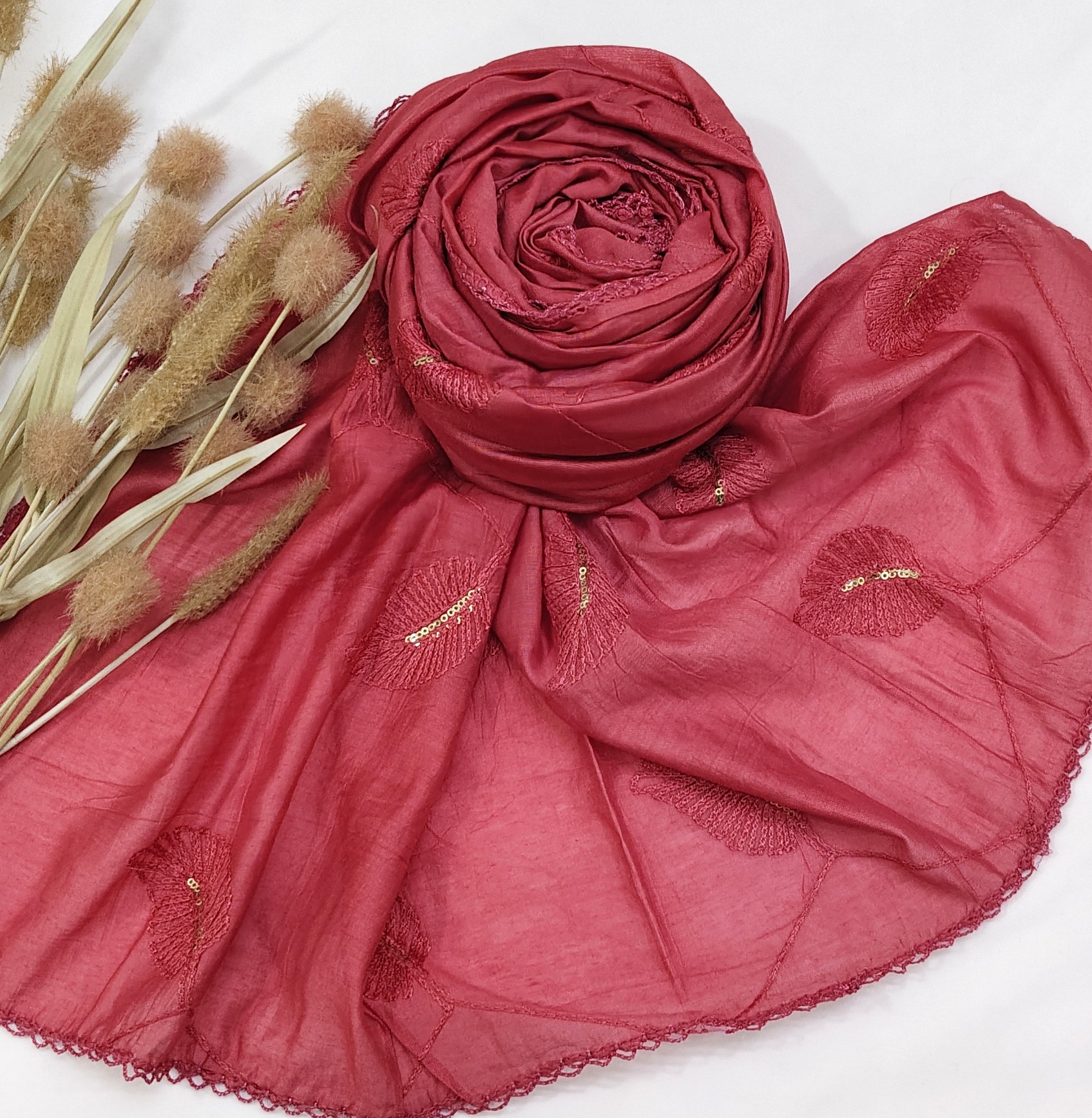 Cotton Gadhwal Crochet with Embroider Leaves Hijab