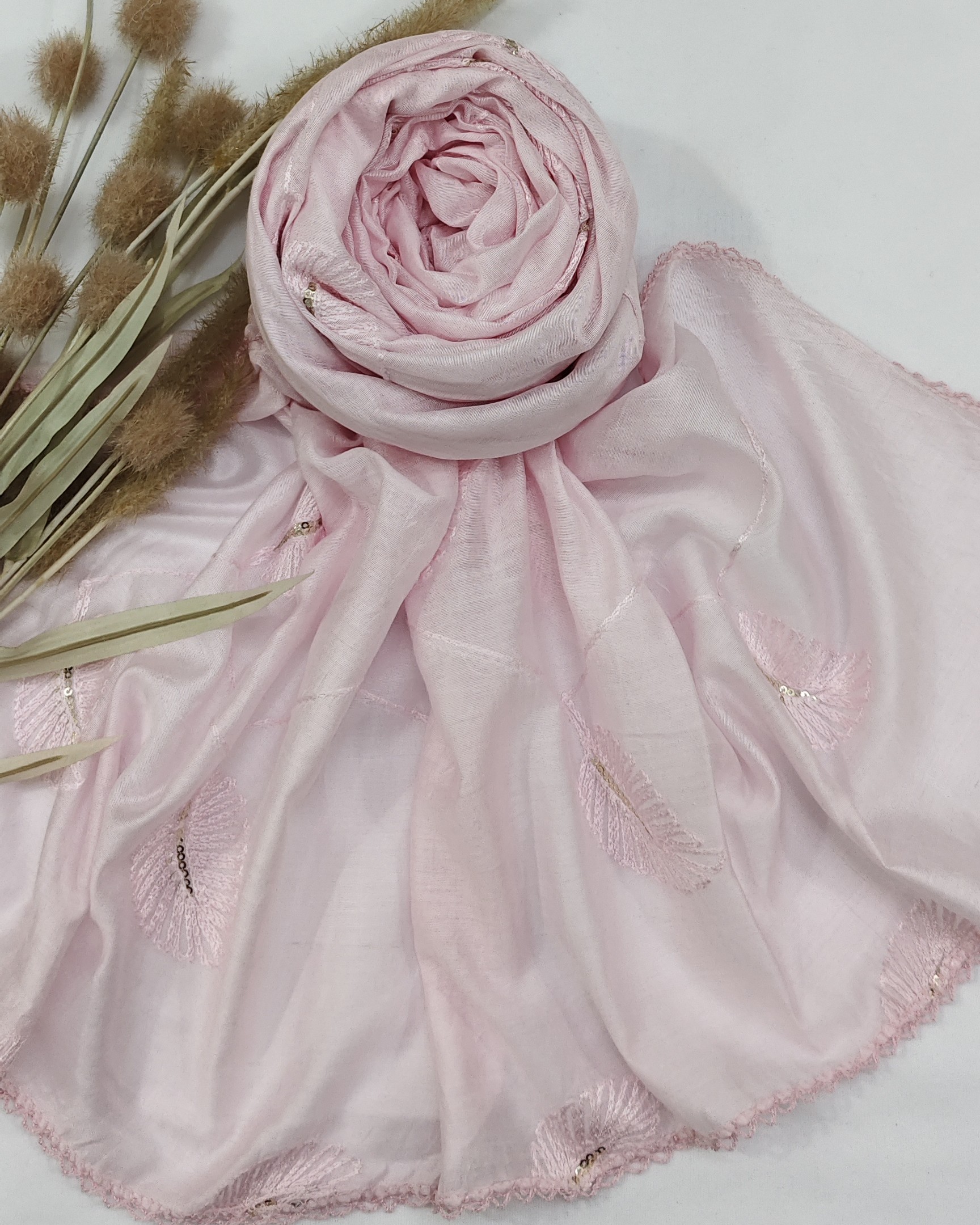 Cotton Gadhwal Crochet with Embroider Leaves Hijab