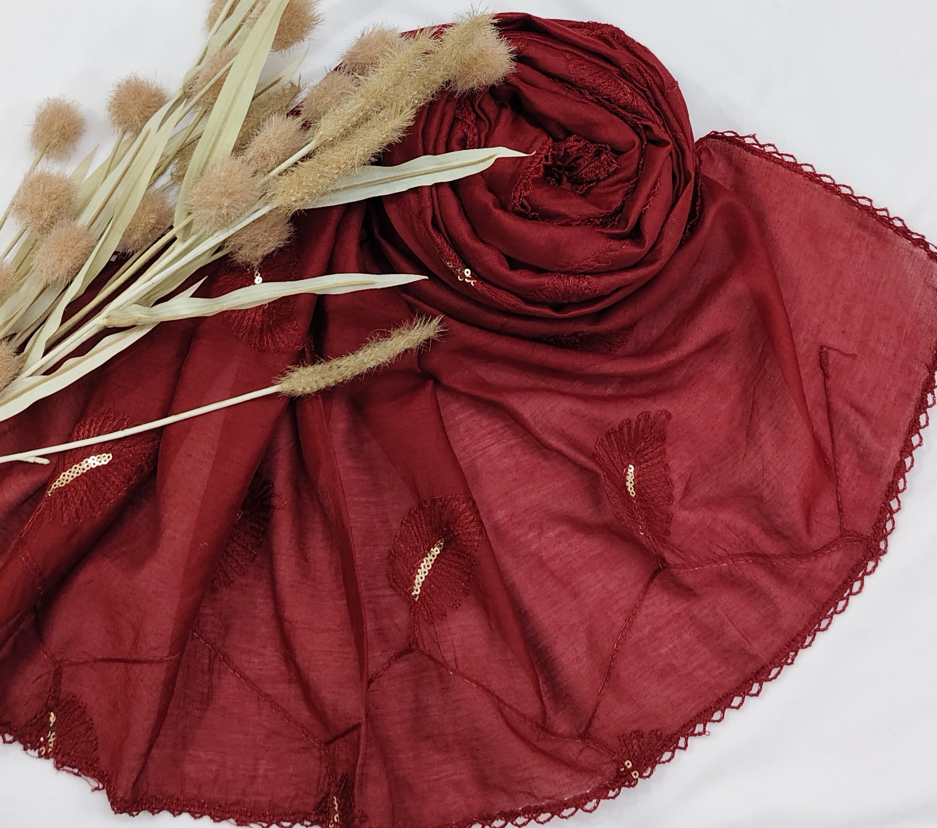 Cotton Gadhwal Crochet with Embroider Leaves Hijab