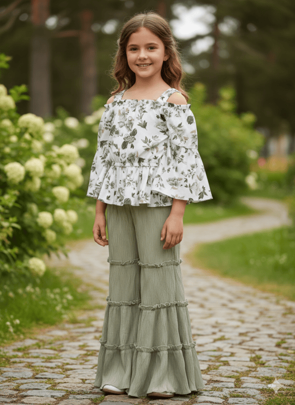 Girls’ Floral Bell Sleeve Top with Layered Flared Palazzo Set D.74/6 B.4224
