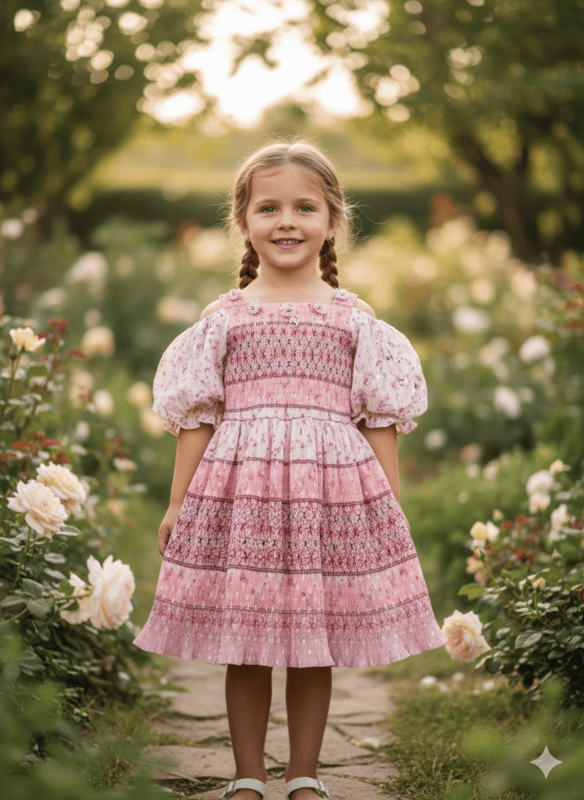 Elegant Pink Smocked Party Frock for Girls with Puff Sleeves ā Vintage Style D.007 B.1234