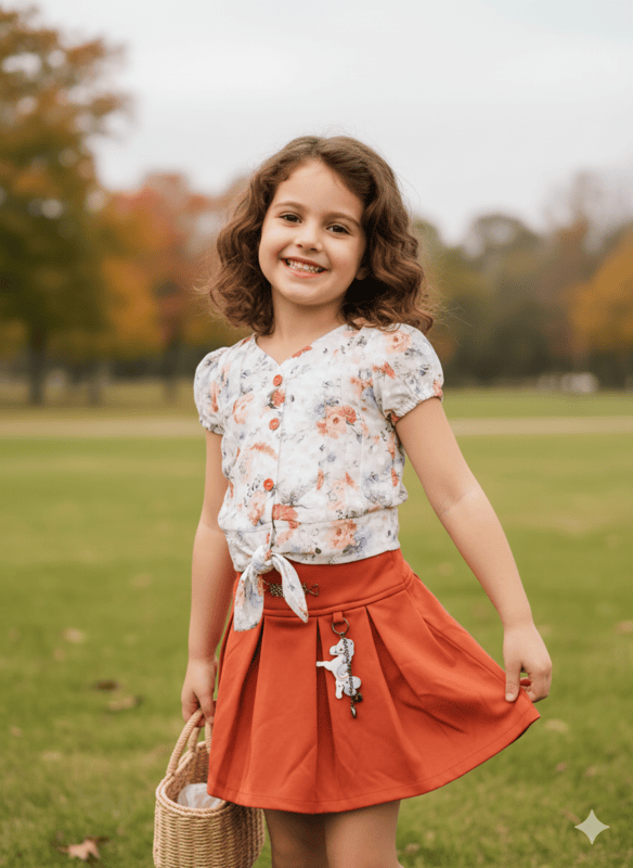 Floral Tie-Up Top & Rust Orange Skirt Set for Girls D.10.304A B.1247