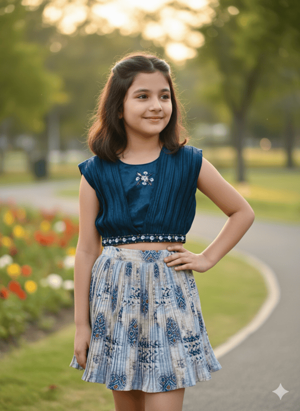 Indigo Ethnic-Inspired Sleeveless Top & Printed Pleated Skirt Set for Girls D.17.006 B.1296