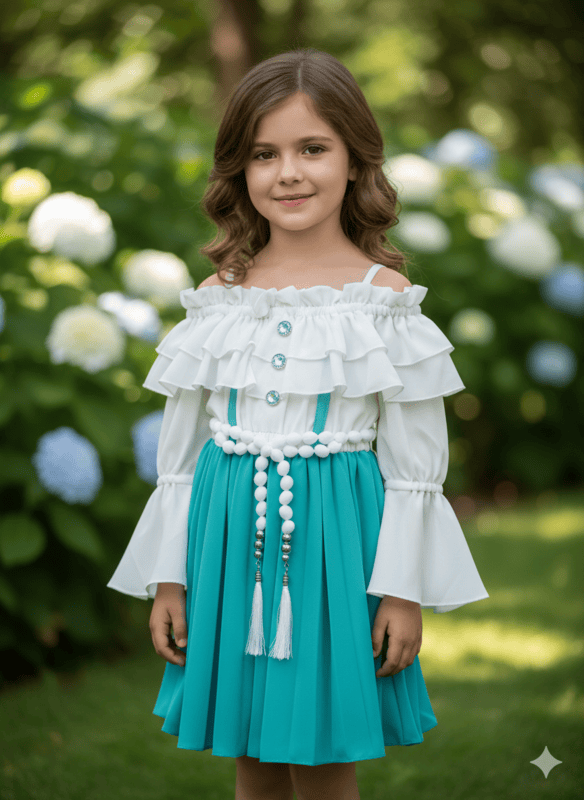 Stylish Off-Shoulder Party Wear Dress for Baby Girls ā White & Aqua Green D.18.777 B.1302