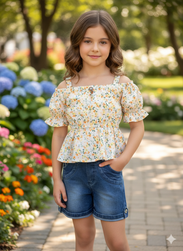 Trendy Baby Girl Floral Top & Denim Shorts Set ā Summer Casual Wear D.19.5108 B.1310