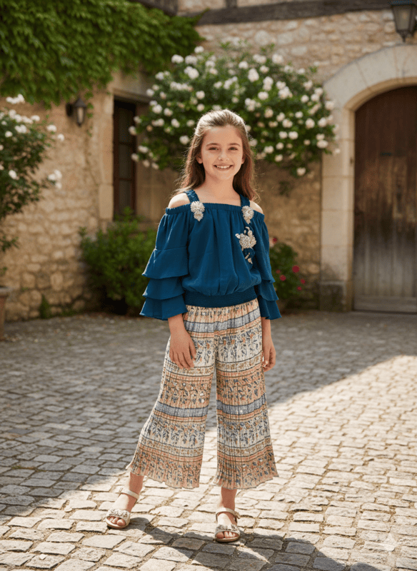 Elegant Cold-Shoulder Top & Printed Palazzo Set for Baby Girls D.24.1039 B.1343