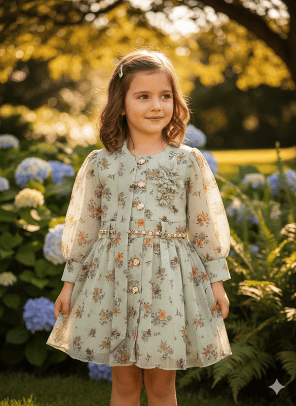 Stylish Mint Green Floral Frock for Girls D.32.104 B.1400