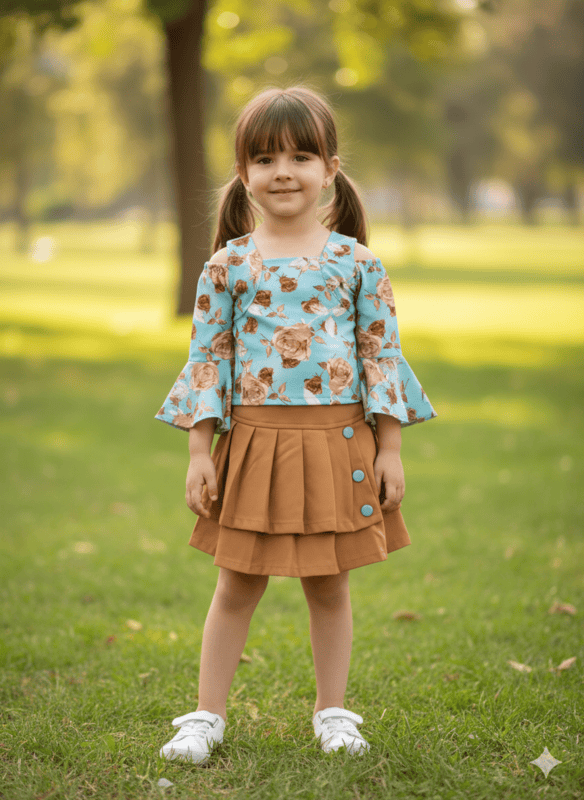 Trendy Floral Top and Layered Skirt Set for Girls D.410 B.1198