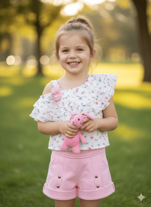 Floral One-Shoulder Top & Stylish Shorts Set for Girls D.506 B.1221