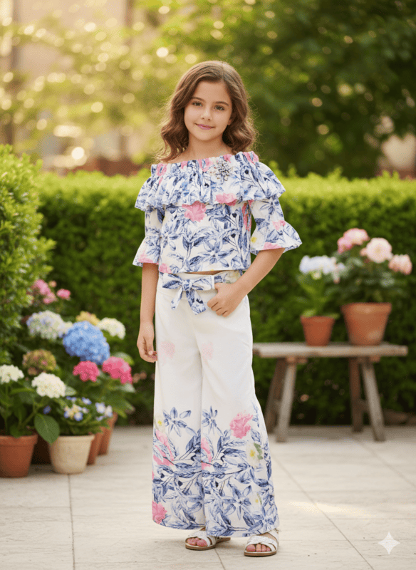 Blush Garden Off-Shoulder Top & White Floral Palazzo Set D.9/6 B.4519