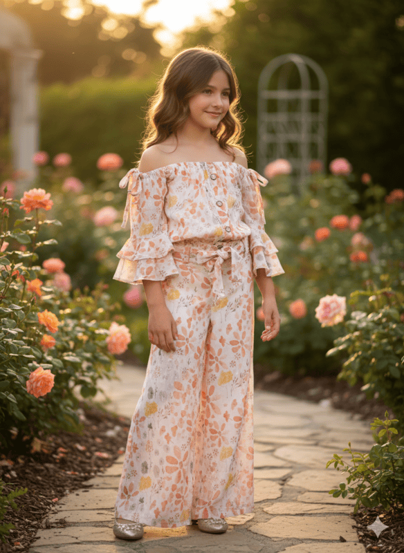Chic Floral Printed Girls' Cold-Shoulder Co-Ord Set D.6.2047 B.3679