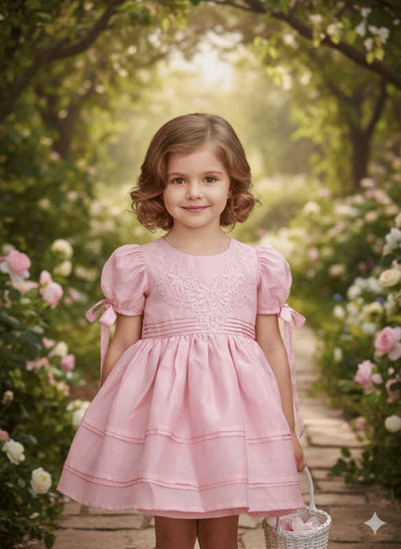 Elegant Puff-Sleeve Pink Party Frock with Embroidered Yoke D.12.1362B B.1547