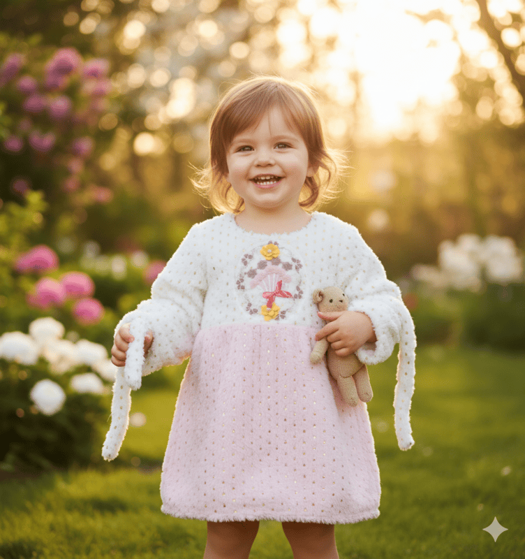 Cute Floral Fleece Winter Dress for Girls โ Pink & White D.1/3