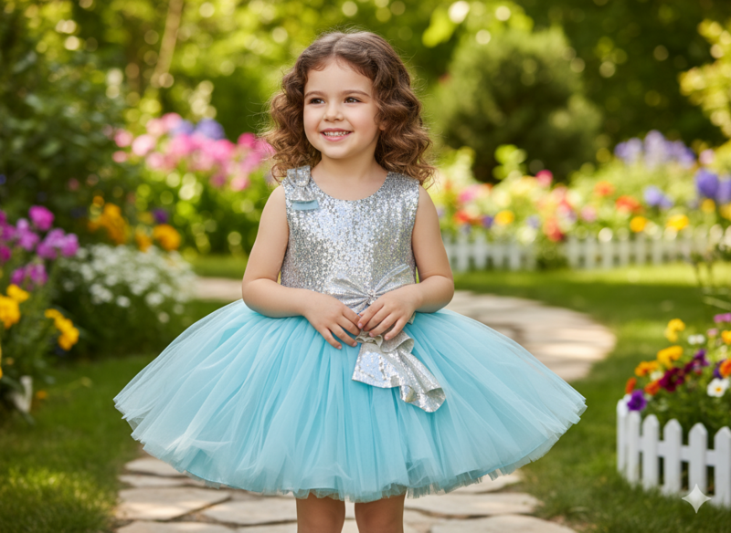 Elegant Ice Blue & Silver Party Dress for Baby Girls D.18/9