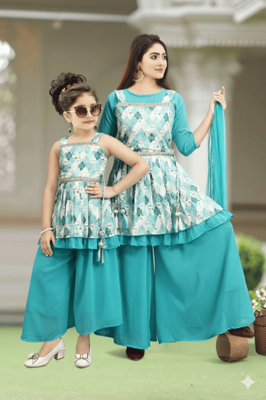Mother-Daughter Matching Teal Blue Peplum Palazzo Set