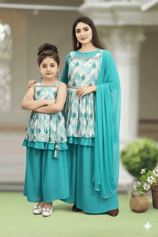 Mother-Daughter Matching Teal Blue Peplum Palazzo Set