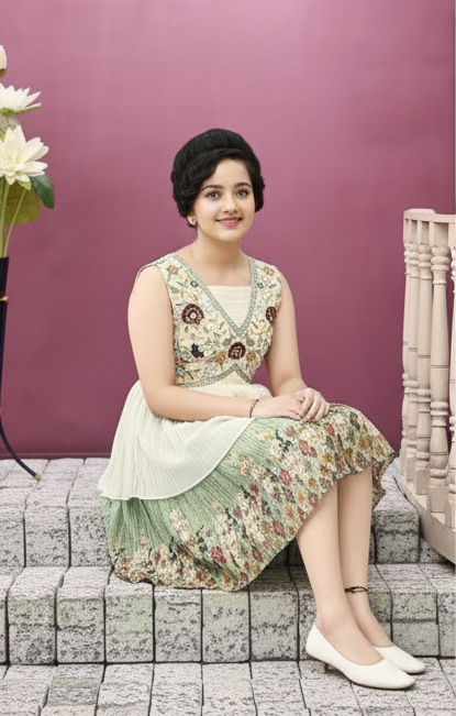 Girls Elegant Embroidered Layered Party Wear Dress D.LG10280WG B.GINI BABY