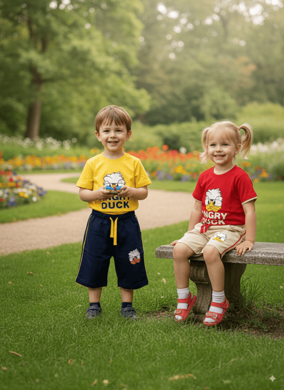 Kids "Angry Duck" Cartoon Print T-Shirt and Shorts pair D.28.515A B.2214