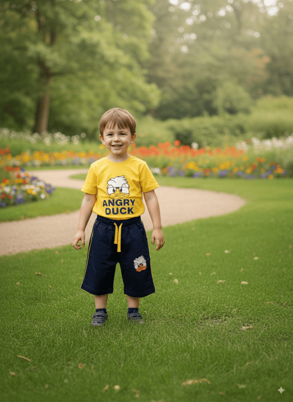 Kids "Angry Duck" Cartoon Print T-Shirt and Shorts pair D.28.515A B.2214