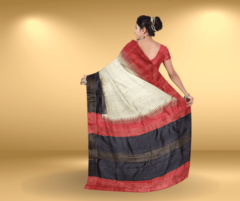 Ghicha Silk Ikkat Saree Handloom-Tussar Black Red with BP Ghicha Silk Ikkat Saree Handloom-Tussar Black Red with BP