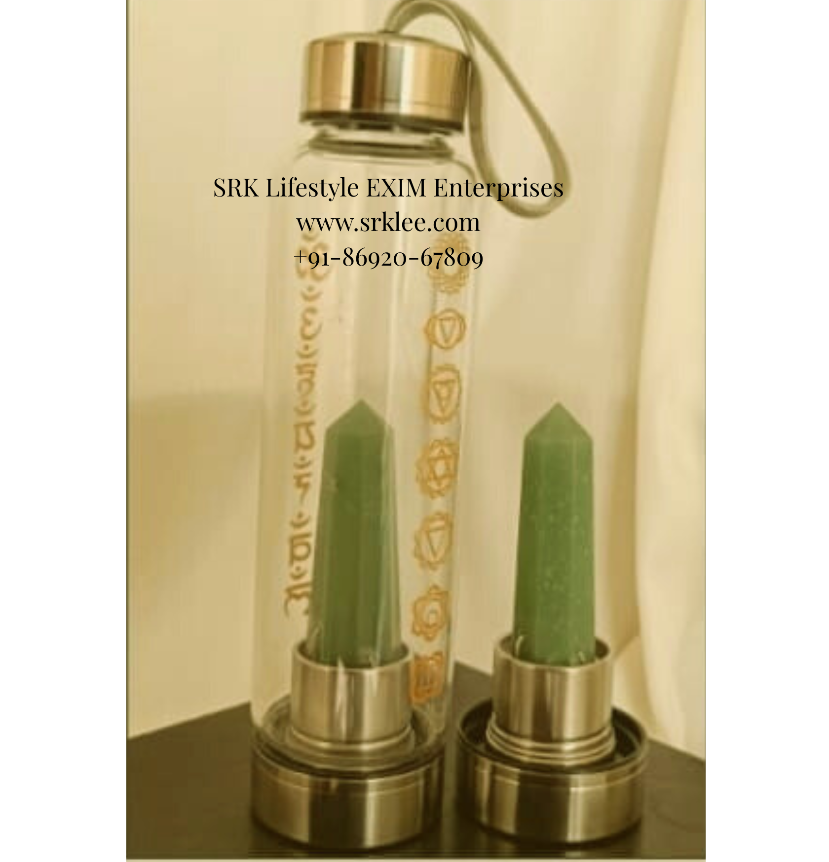 Stone Water Bottle - Green Aventurine (Stone of Abundance) with Mantras & Chakras