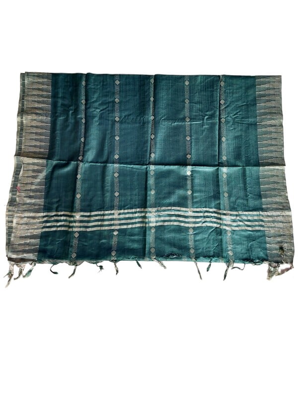 Green Striped Cotton Silk Dupatta with Temple Border