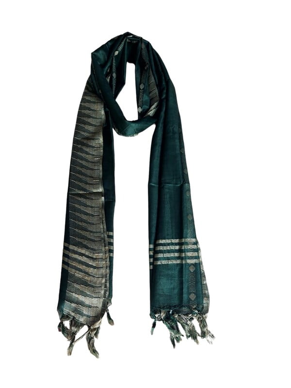 Green Striped Cotton Silk Dupatta with Temple Border