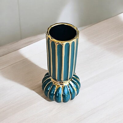 Green and Gold Ceramic Vase with Striped Design Green and Gold Ceramic Vase with Striped Design