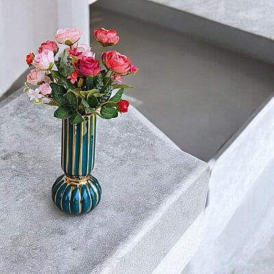 Green and Gold Ceramic Vase with Striped Design Green and Gold Ceramic Vase with Striped Design