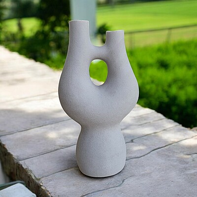 Grey Textured Ceramic Vase with Organic Shape and Cutout Grey Textured Ceramic Vase with Organic Shape and Cutout