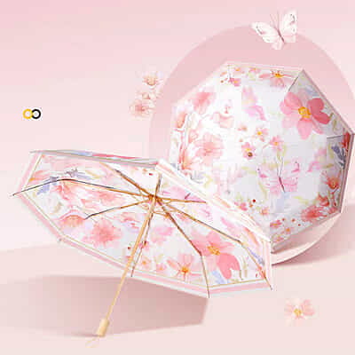 High Quality Three-Folding Manual 8 Bone Umbrella Flower Print Fabric Double-Layer Anti UV  Sunscreen and Rain Umbrella