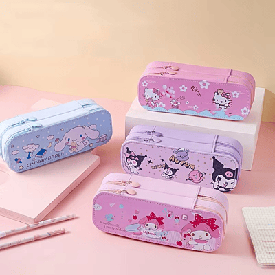 Cartoon print Double-Deck Large Capacity Pencil Case Girls Cute Cinnamoroll Kuromi Melody KT Cat Design Pencil case