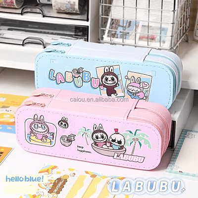 Cartoon print Double-Deck Large Capacity Pencil Case Girls Cute Cinnamoroll Kuromi Melody KT Cat Design Pencil case