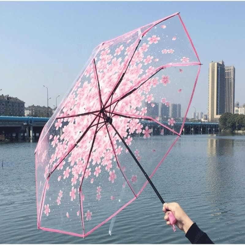 Umbrella Cherry Blossom Creative Little Fresh Three Folding Carton Polyester Auto Open Multi-colors