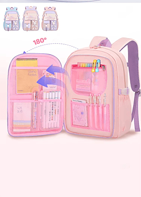 European style Special Design Quicksand Primary School Refrigerator School Bags Anime printed Backpack Bag for Children with cute rabbit doll