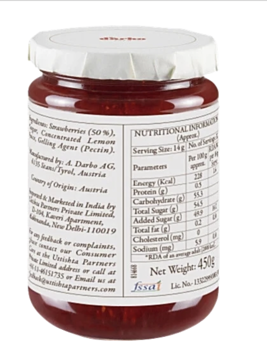 D'arbo Strawberry Fruit Spread 450 gm (Pack of 6)