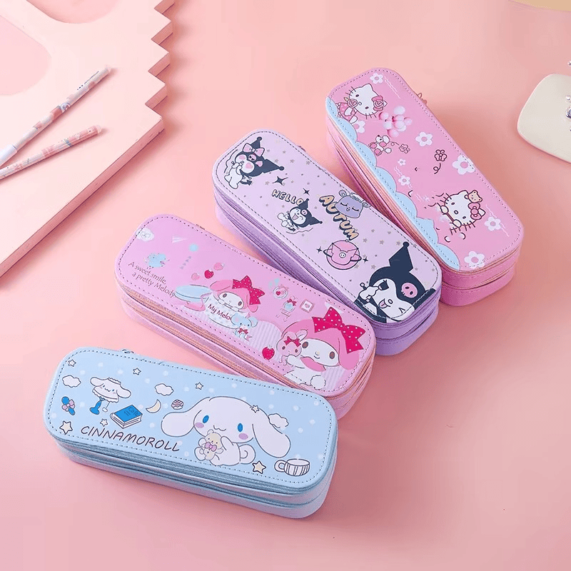 Cartoon print Double-Deck Large Capacity Pencil Case Girls Cute Cinnamoroll Kuromi Melody KT Cat Design Pencil case