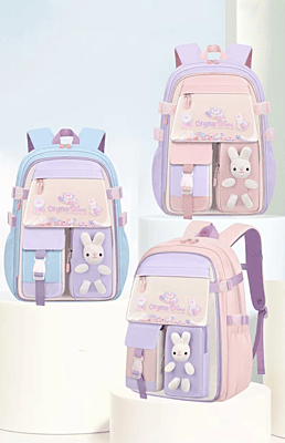European style Special Design Quicksand Primary School Refrigerator School Bags Anime printed Backpack Bag for Children with cute rabbit doll