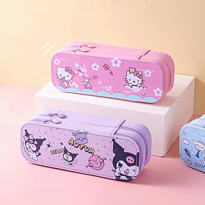 Cartoon print Double-Deck Large Capacity Pencil Case Girls Cute Cinnamoroll Kuromi Melody KT Cat Design Pencil case