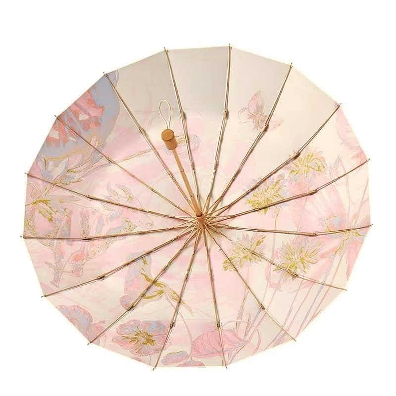 New arrival ancient style painting  16 ribs sunshade color coating uv protection three fold portable lade gift rainproof sun umbrella wooden handle