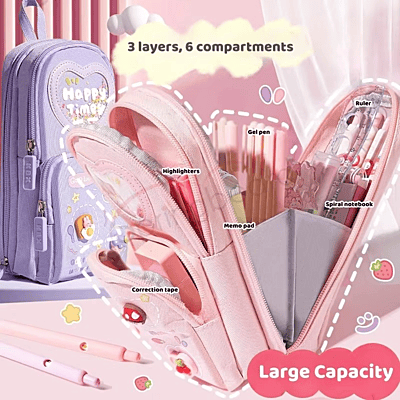 Multilayer Large Capacity Canvas Fabric Stand-Up Pencil Case for Kids Girls School Office Students Use Multilayer Large Capacity Canvas Fabric Stand-Up Pencil Case for Kids Girls School Office Students Use