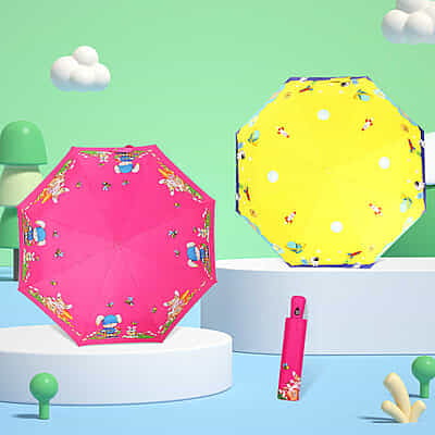 New automatic cartoon kids umbrella sunny umbrella three fold cartoon black rubber umbrella