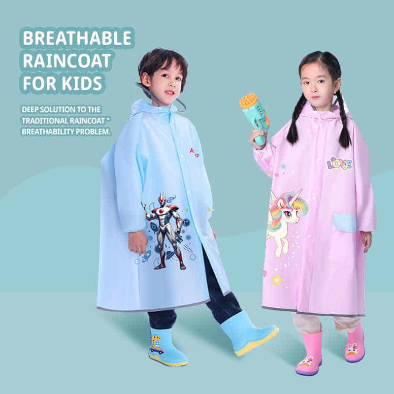 High Quality Custom  EVA Raincoat Set for Boys Girls Cartoon Design Reflective Strip Outdoor Activities