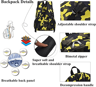 Camo Patterned Schoolbag Waterproof Nylon Backpack Wear-Resistant and Breathable for Primary School